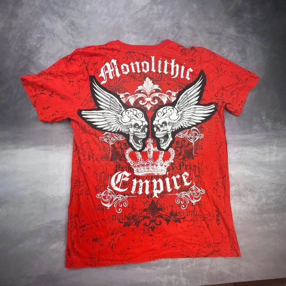 Monolithic Empire Red Graphic Tee Vintage Y2K Skulls Studded Biker Shirt Large